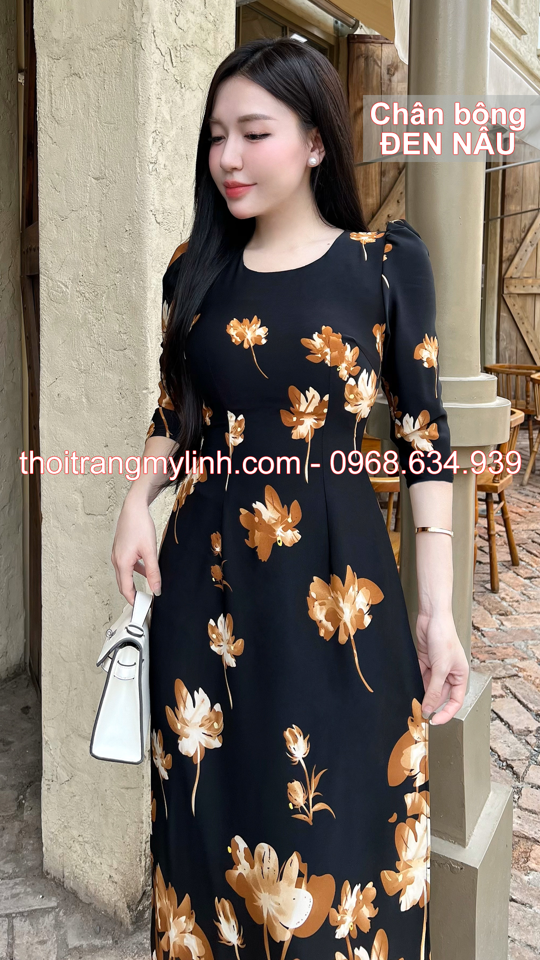 Áo dài cổ tròn họa tiết chân bông đen nâu